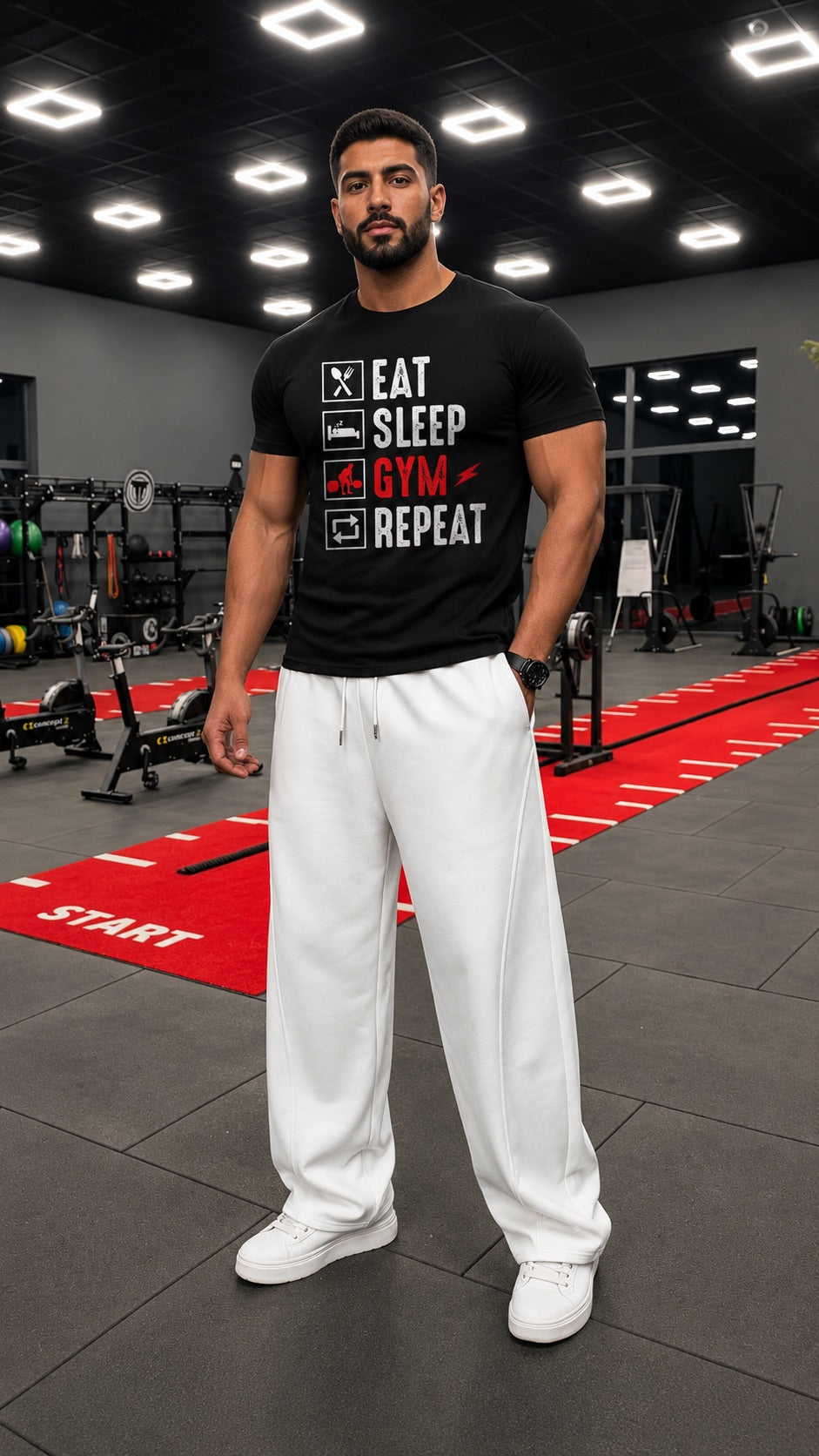 موديل يرتدي تيشيرت EAT SLEEP GYM REPEAT الأسود مع بنطال أبيض داخل النادي