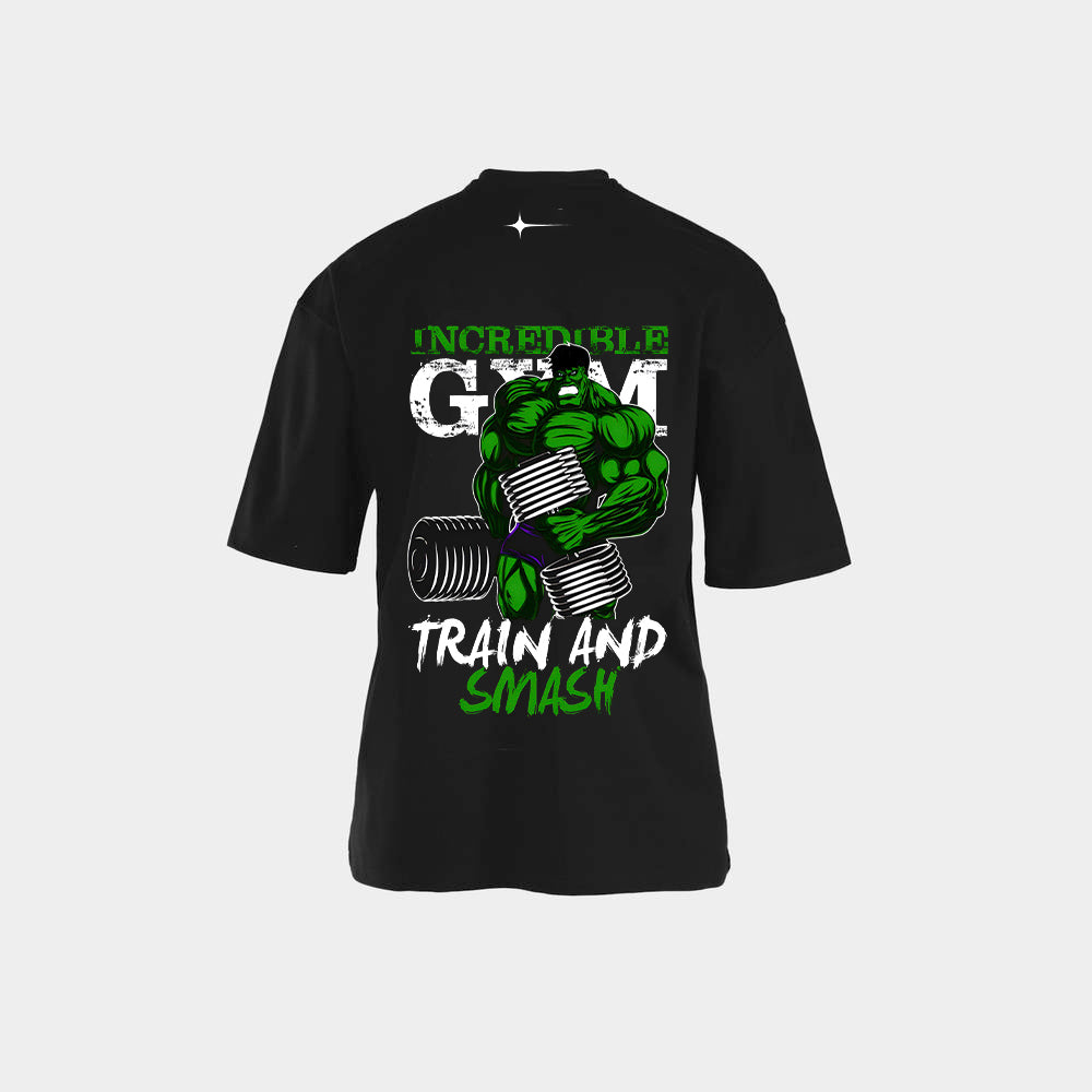 تيشيرت NOVUS أسود أوفر سايز من الخلف بطبعة Incredible Gym Train and Smash