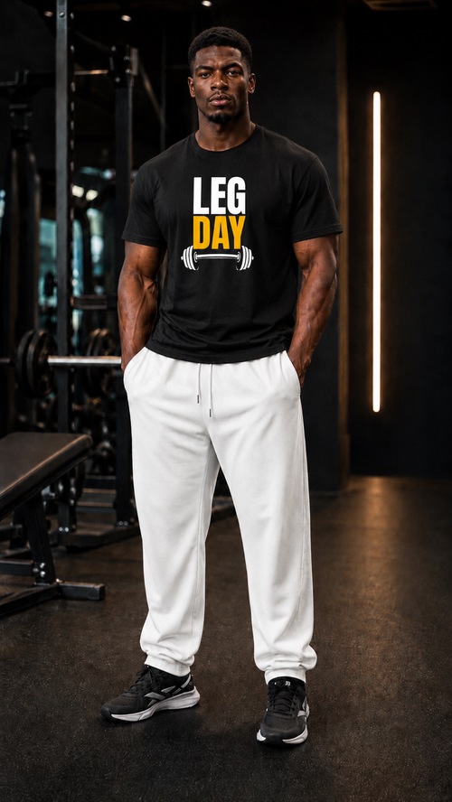 موديل يرتدي تيشيرت LEG DAY الأسود مع بنطال أبيض داخل النادي الرياضي