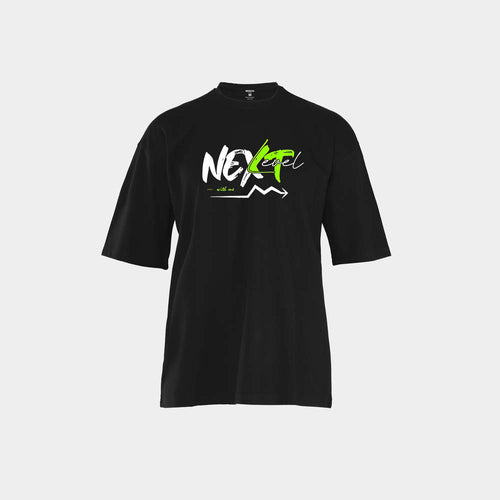 تيشيرت رجالي أسود أوفر سايز من NOVUS بطبعة NEXT LEVEL خضراء وبيضاء — منظر أمامي
