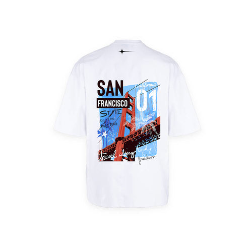 ظهر تيشيرت SAN FRANCISCO بطبعة جسر أحمر وسماء زرقاء ورقم 01