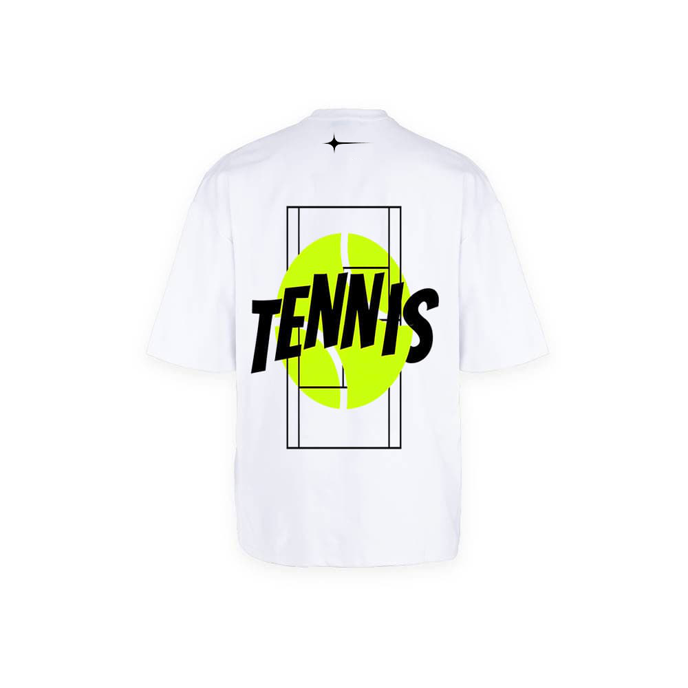 تيشيرت TENNIS أبيض بطبعة خلفية سوداء وأخضر نيون من NOVUS BRAND