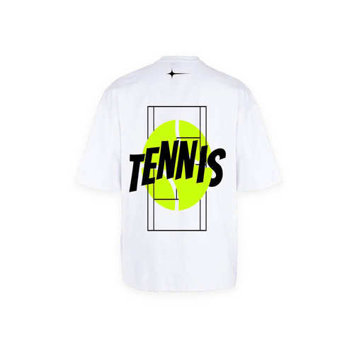 ظهر تيشيرت TENNIS الأبيض بطبعة سوداء وأخضر نيون