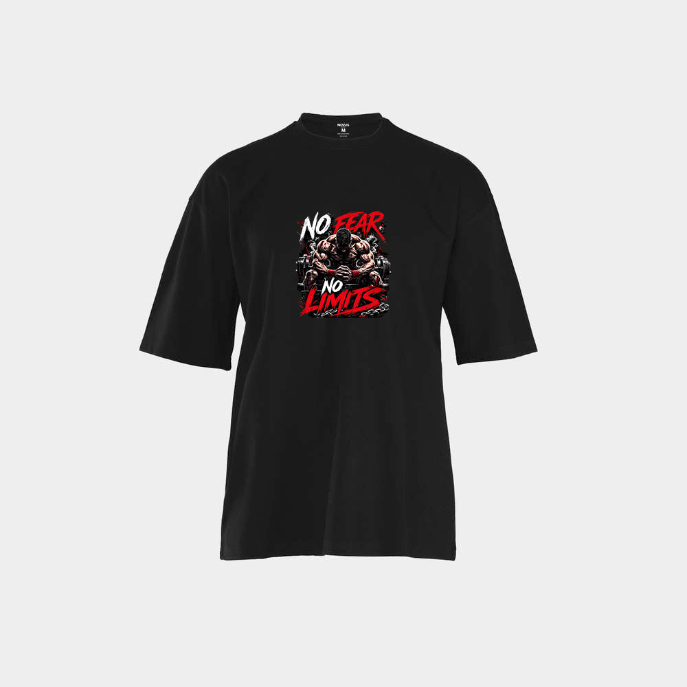 تيشيرت NOVUS NO FEAR NO LIMITS أسود أوفر سايز — نفس الطباعة الأمامية على خلفية سوداء