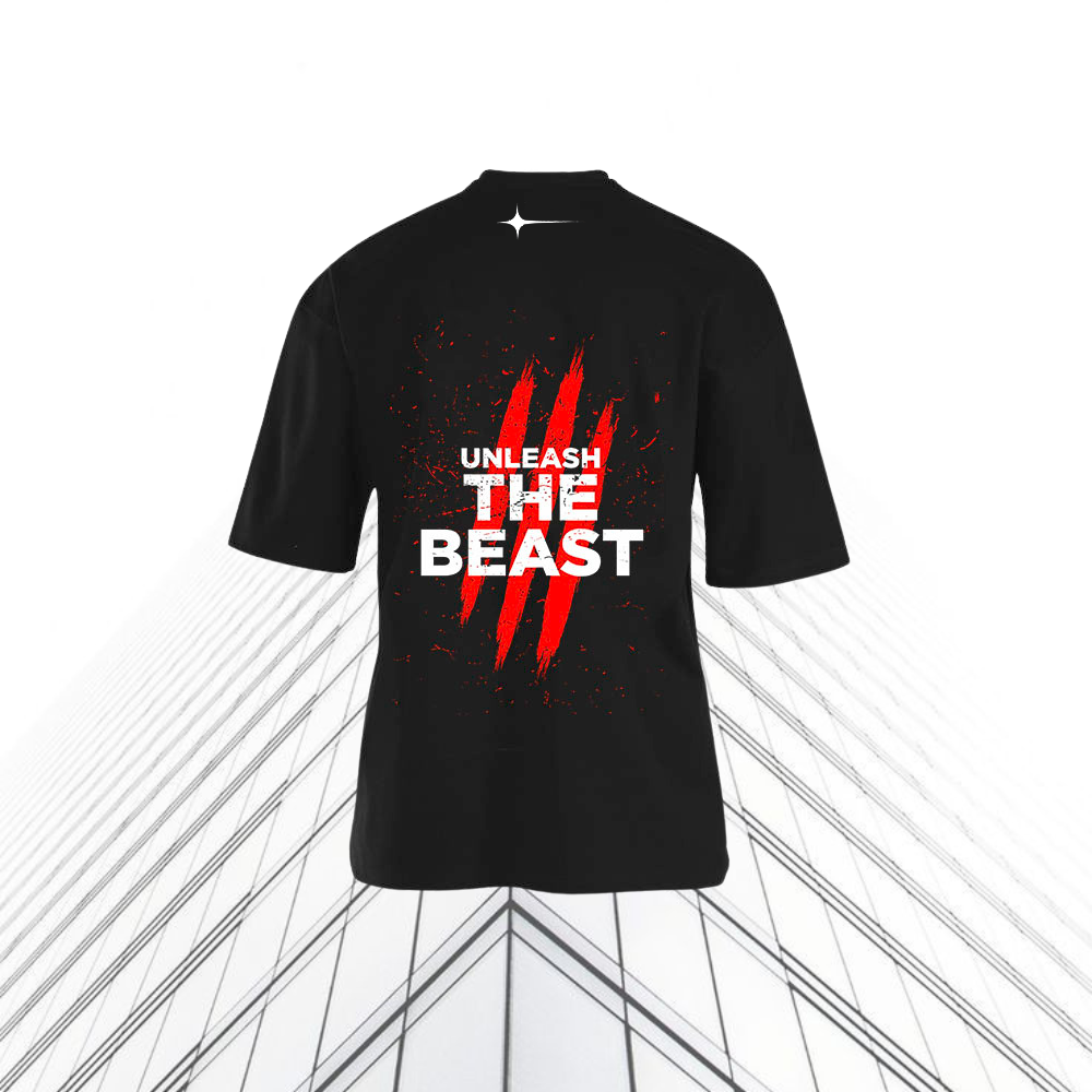 ظهر تيشيرت NOVUS UNLEASH THE BEAST الأسود — ثلاث خدوش حمراء تخترق القماش مع عبارة بيضاء عريضة
